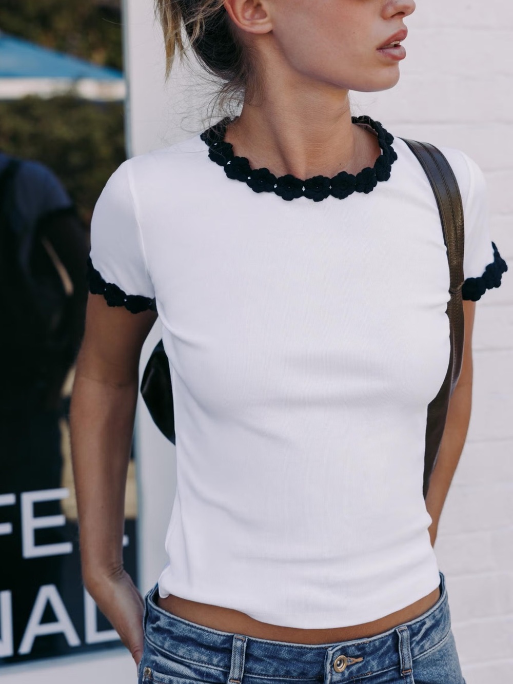 Zara White Black Floral Crochet Trim Cotton T-Shirt Sz M
